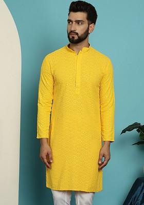 Mustard Embellished Cotton Kurta For Men