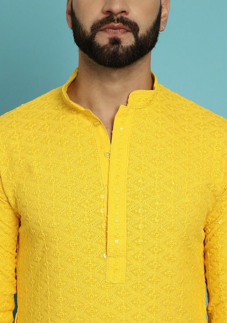 Mustard Embellished Cotton Kurta For Men