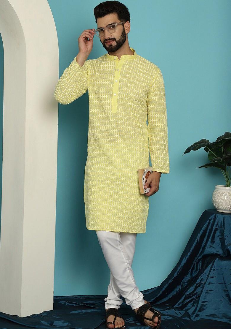 Yellow Thread Work Cotton Kurta For Men