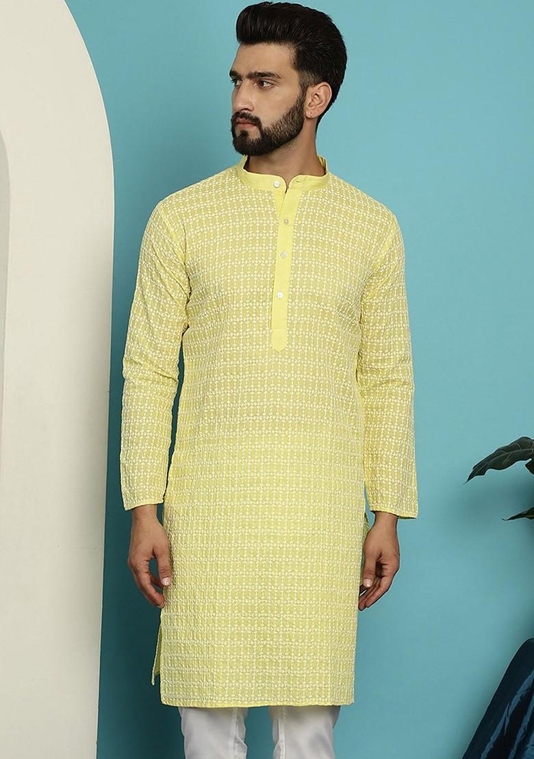 Yellow Thread Work Cotton Kurta For Men