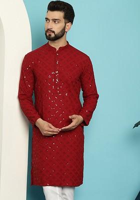 Maroon Thread Work Cotton Kurta For Men