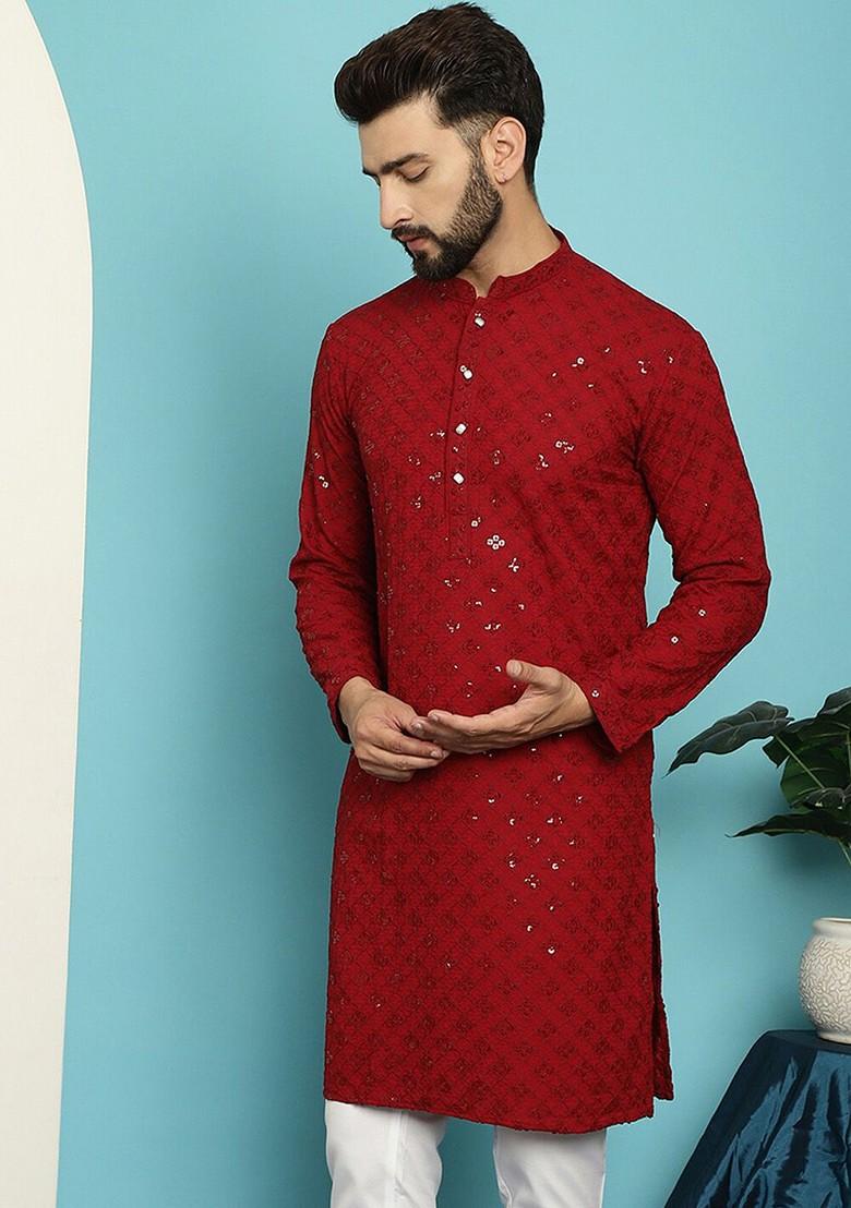 Maroon Thread Work Cotton Kurta For Men