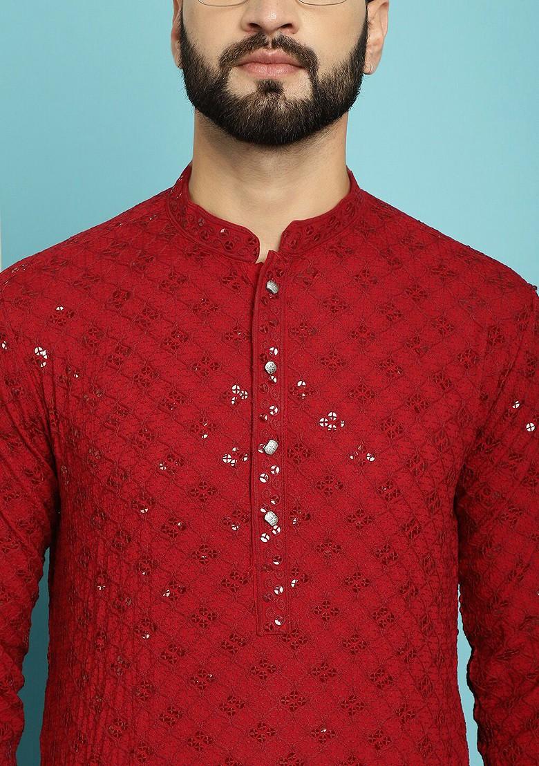 Maroon Thread Work Cotton Kurta For Men