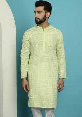 Green Thread Work Cotton Kurta For Men