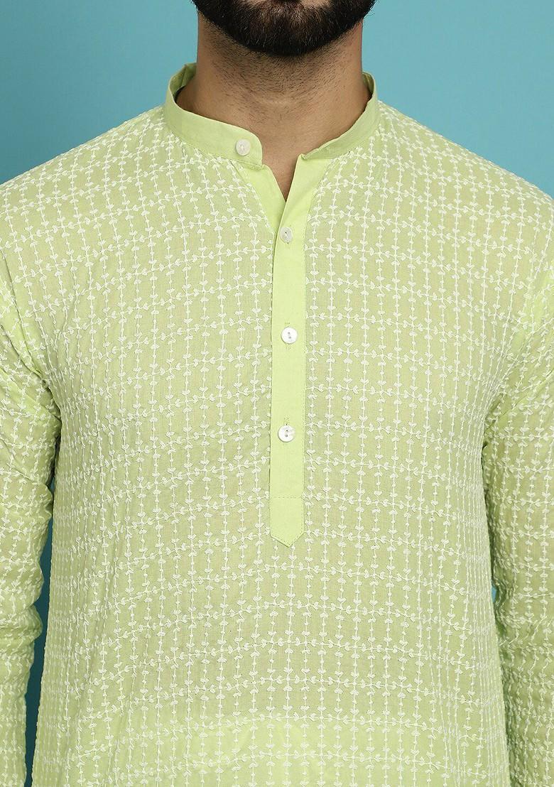 Green Thread Work Cotton Kurta For Men