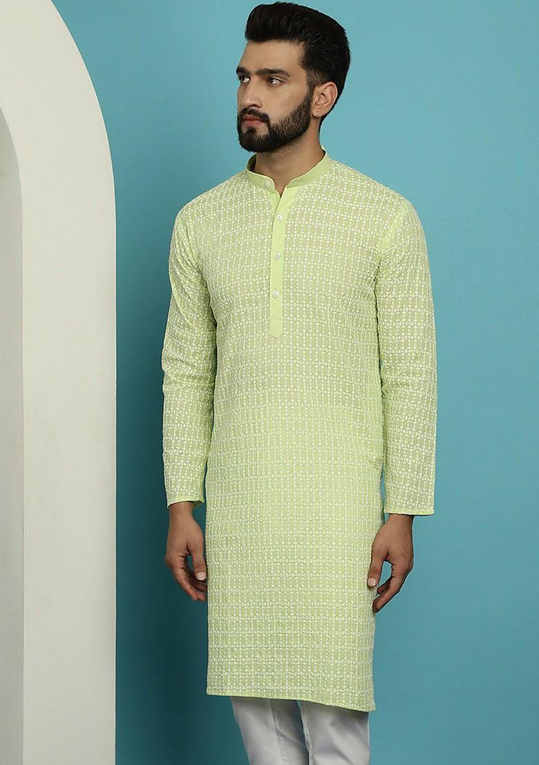 Green Thread Work Cotton Kurta For Men