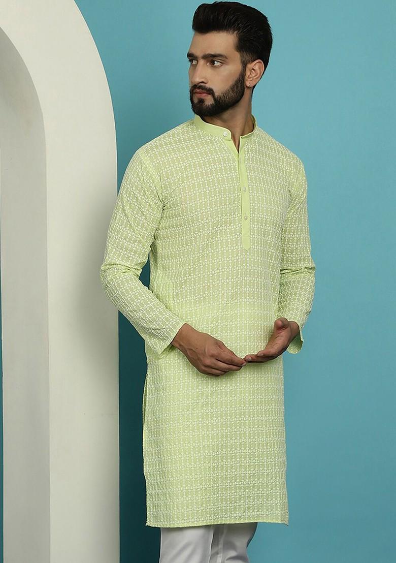 Green Thread Work Cotton Kurta For Men