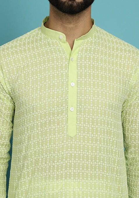 Green Thread Work Cotton Kurta For Men