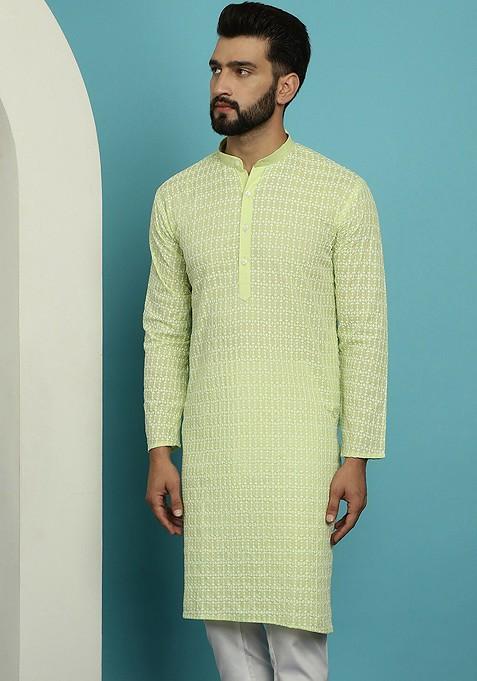 Green Thread Work Cotton Kurta For Men