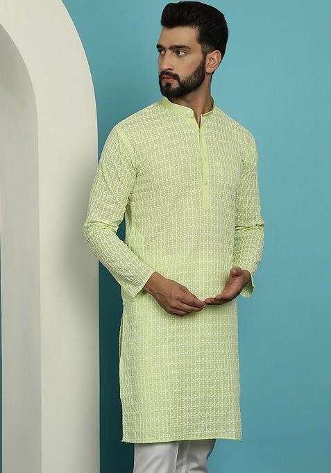 Green Thread Work Cotton Kurta For Men