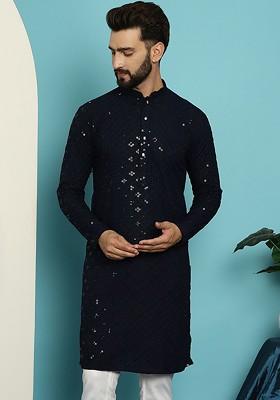 Navy Blue Embroidered Cotton Kurta For Men