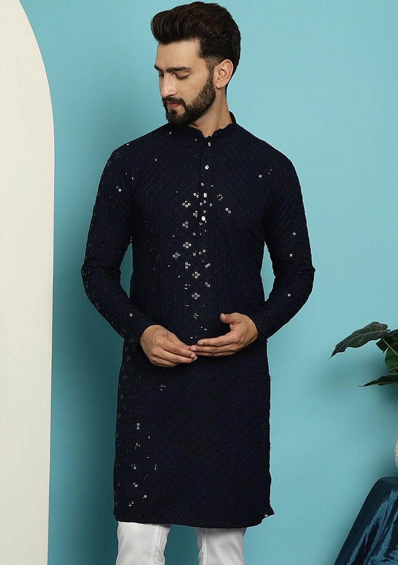 Navy Blue Embroidered Cotton Kurta For Men