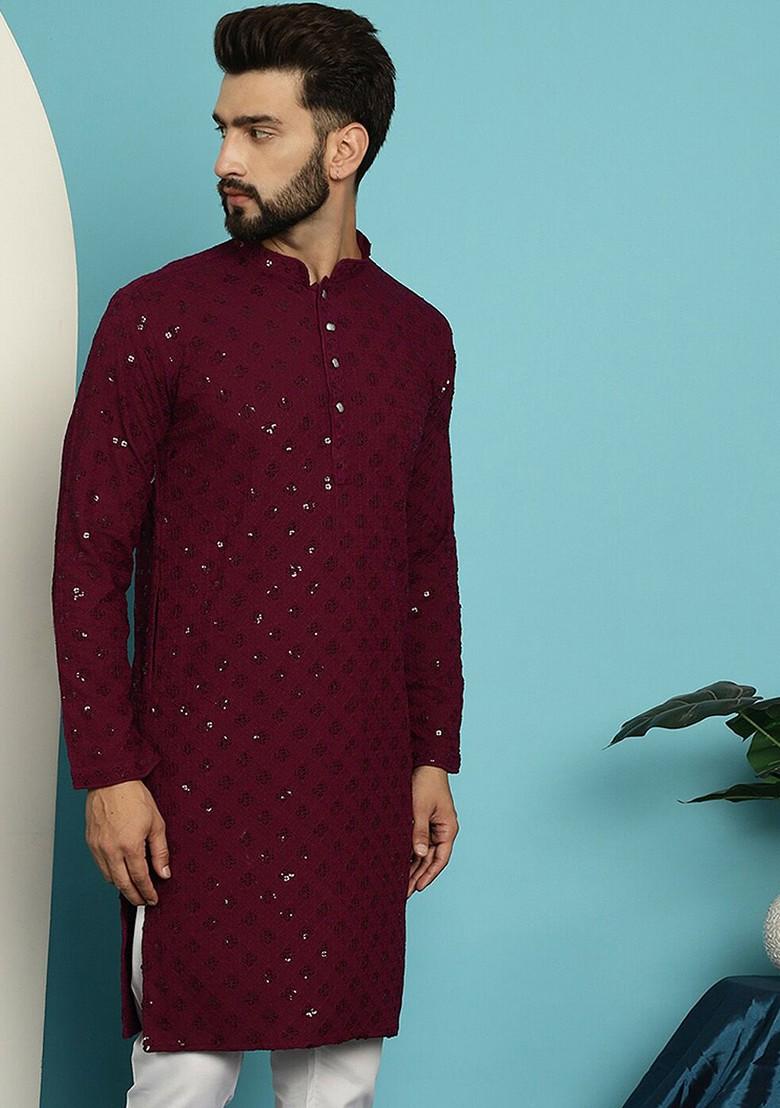 Purple Embellished Cotton Kurta For Men