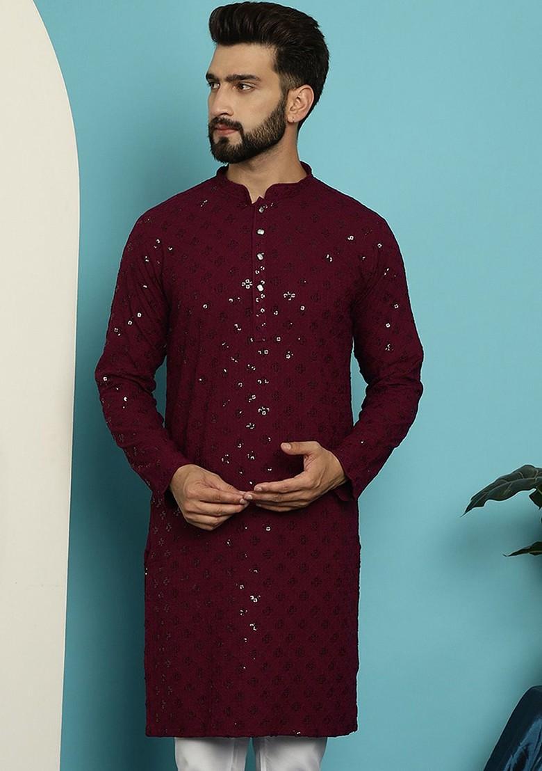 Purple Embellished Cotton Kurta For Men