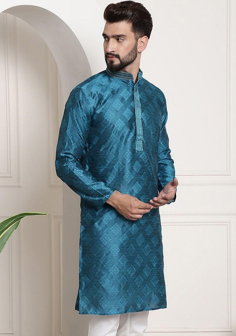 Blue Thread Work Cotton Kurta For Men
