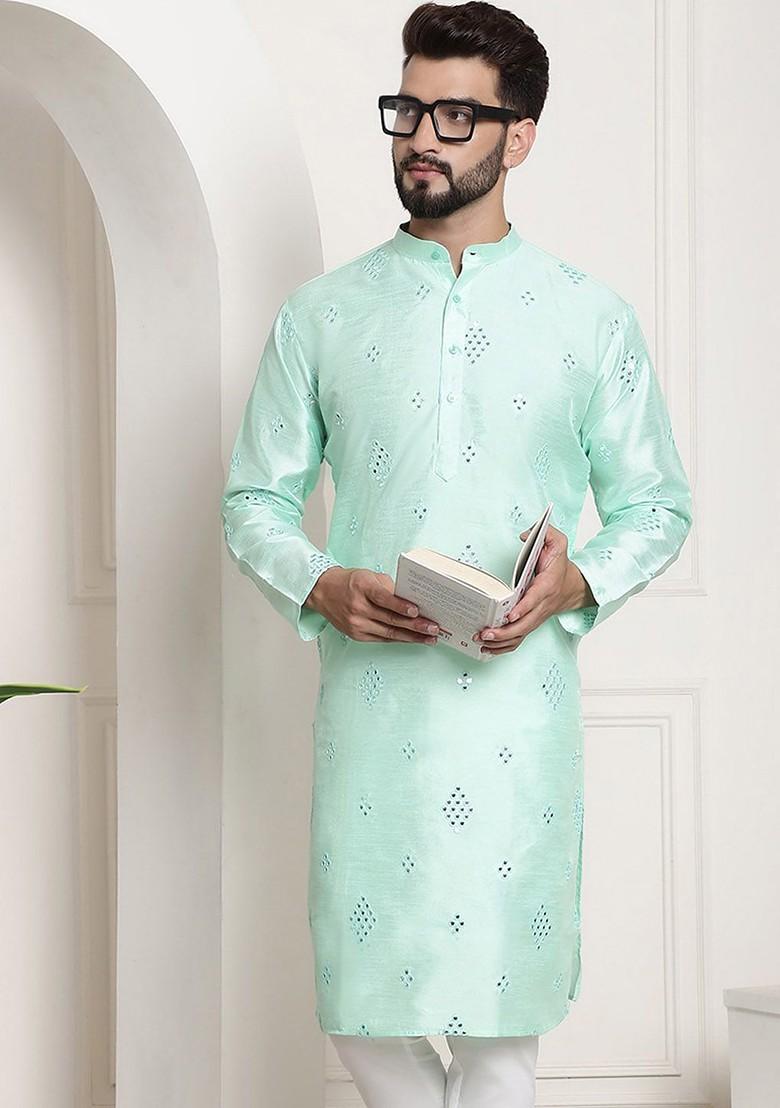 Sea Green Woven Poly Blend Kurta For Men