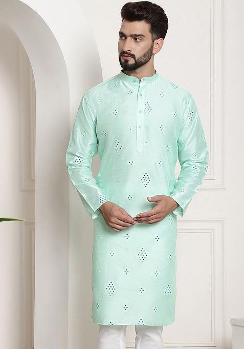 Sea Green Woven Poly Blend Kurta For Men — view on Indya
