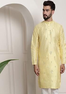 Yellow Embroidered Poly Blend Kurta For Men