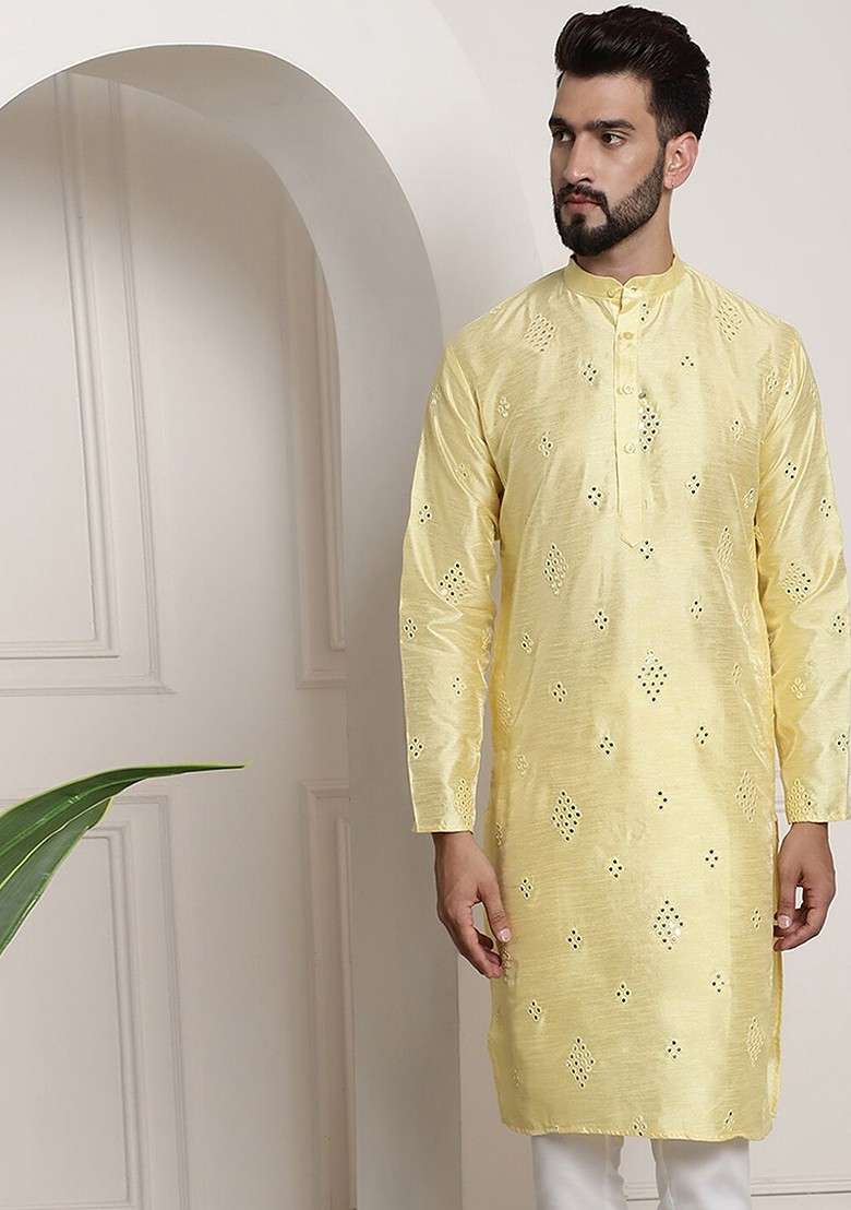 Yellow Embroidered Poly Blend Kurta For Men - Indya