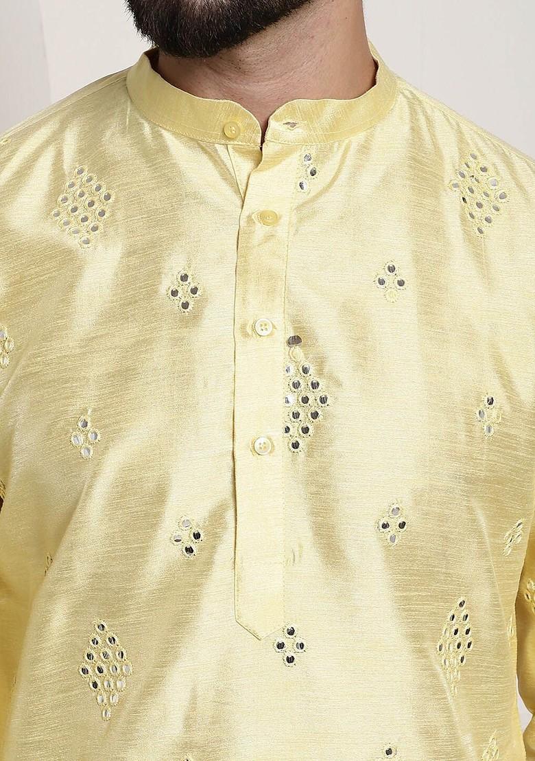 Yellow Embroidered Poly Blend Kurta For Men