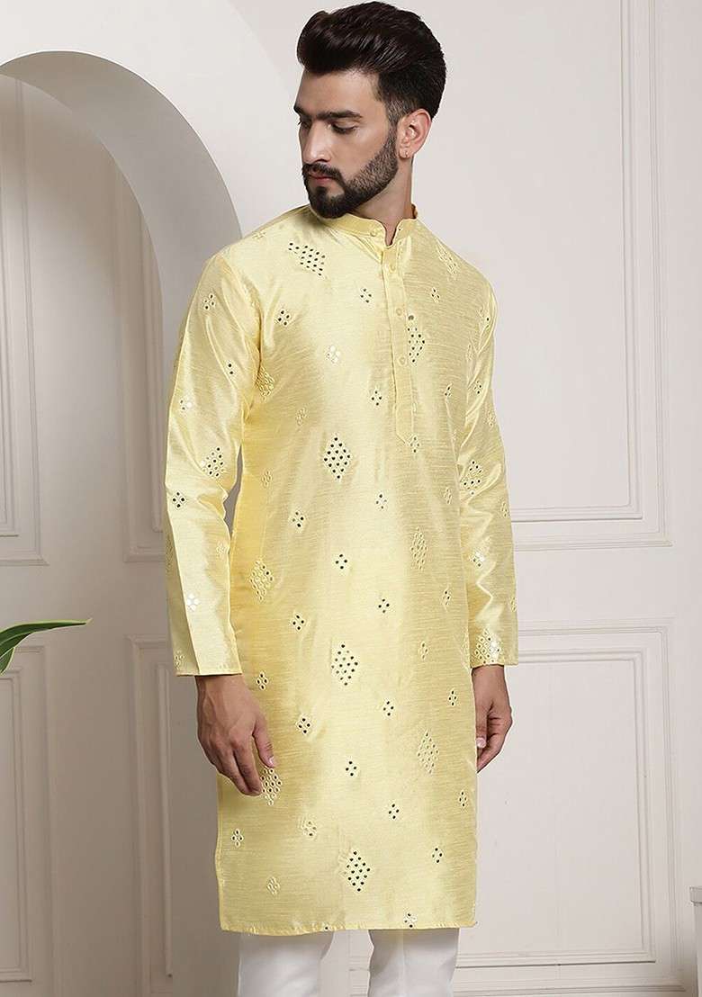 Yellow Embroidered Poly Blend Kurta For Men - Indya