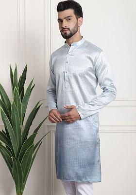 Grey Woven Cotton Kurta For Men
