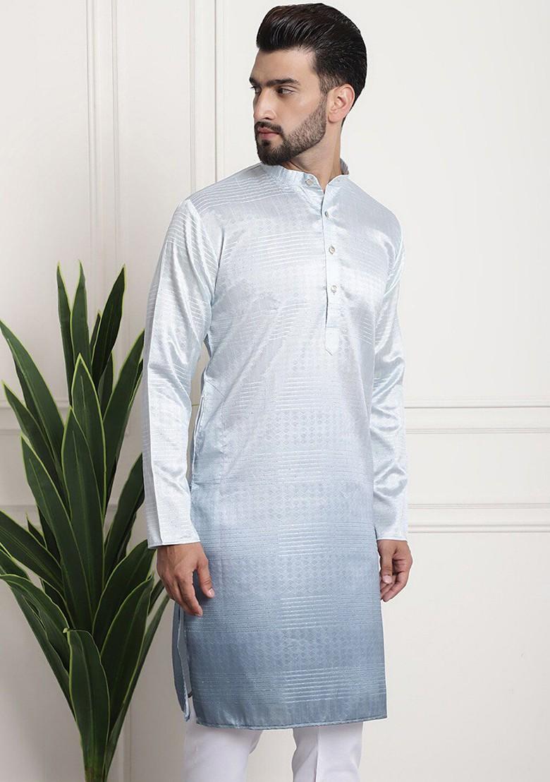 Grey Woven Cotton Kurta For Men