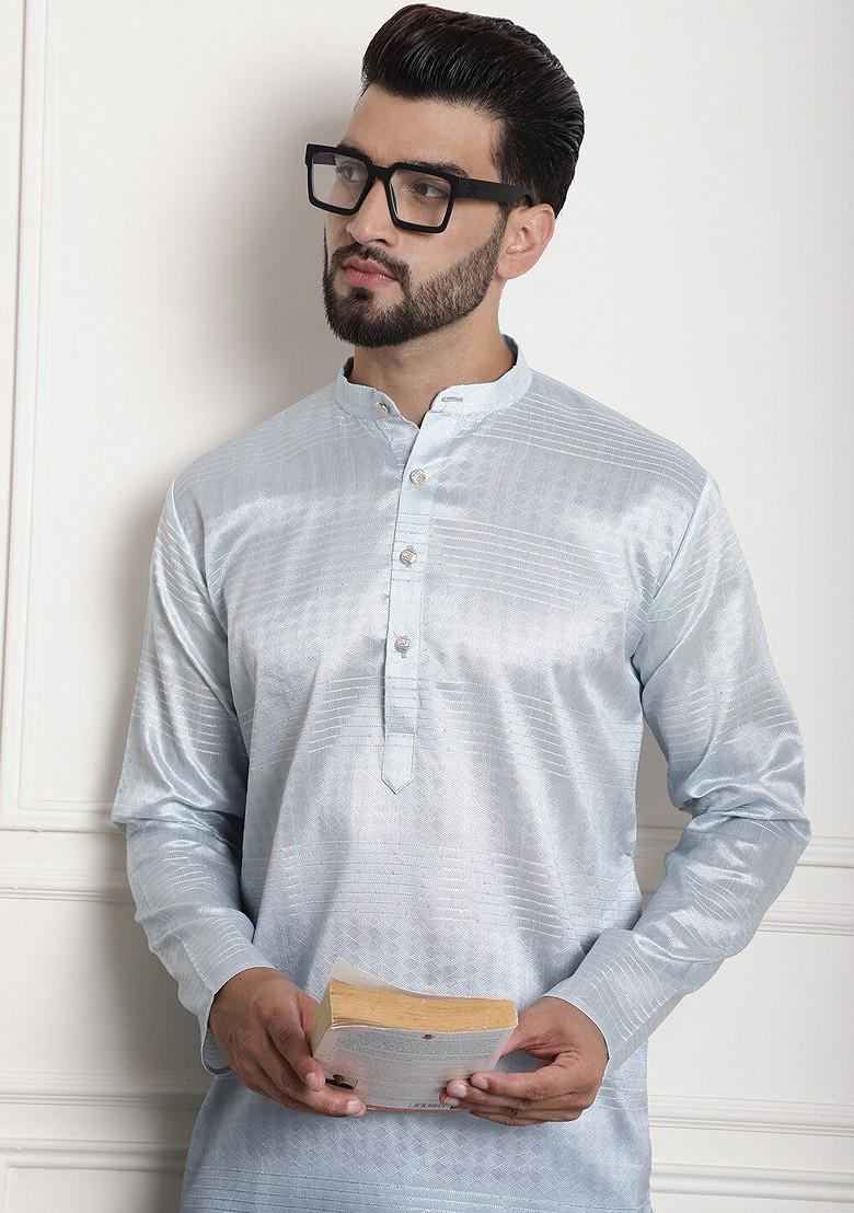 Grey Woven Cotton Kurta For Men