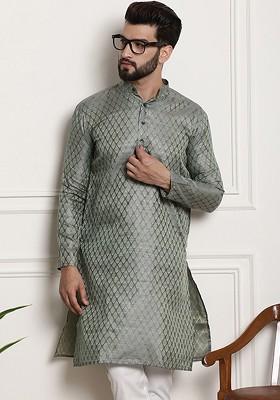 Teal Blue Ethnic Motifs Poly Blend Kurta For Men