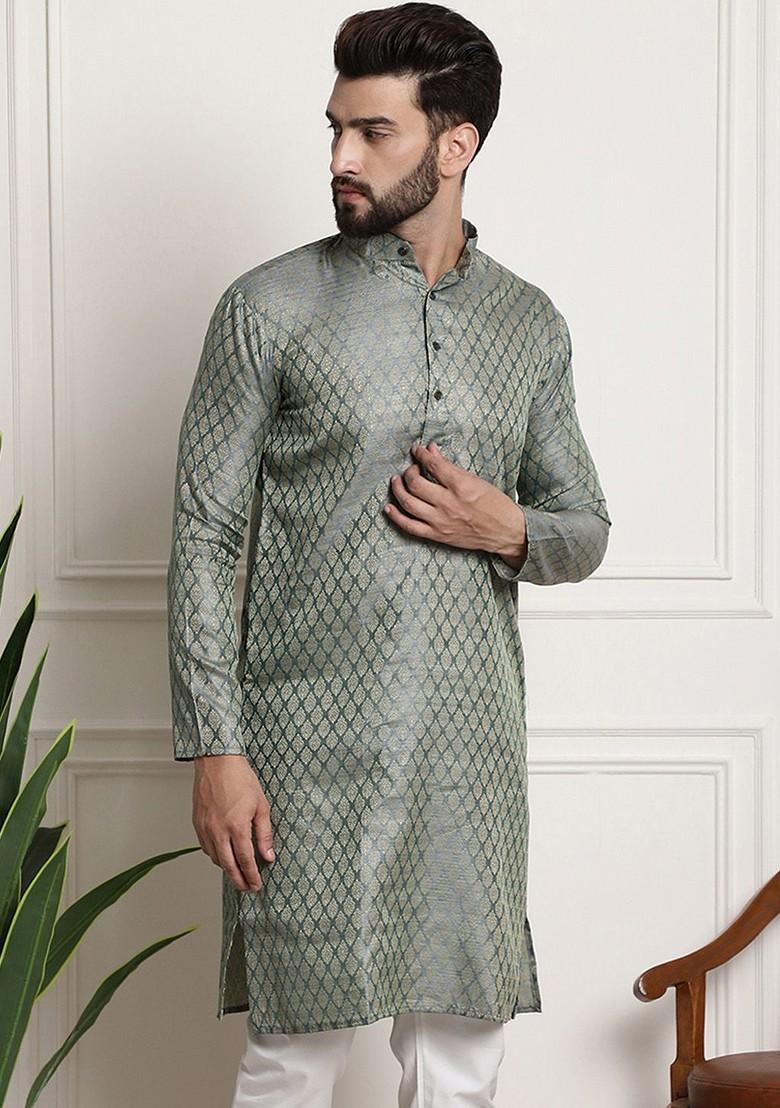 Teal Blue Ethnic Motifs Poly Blend Kurta For Men