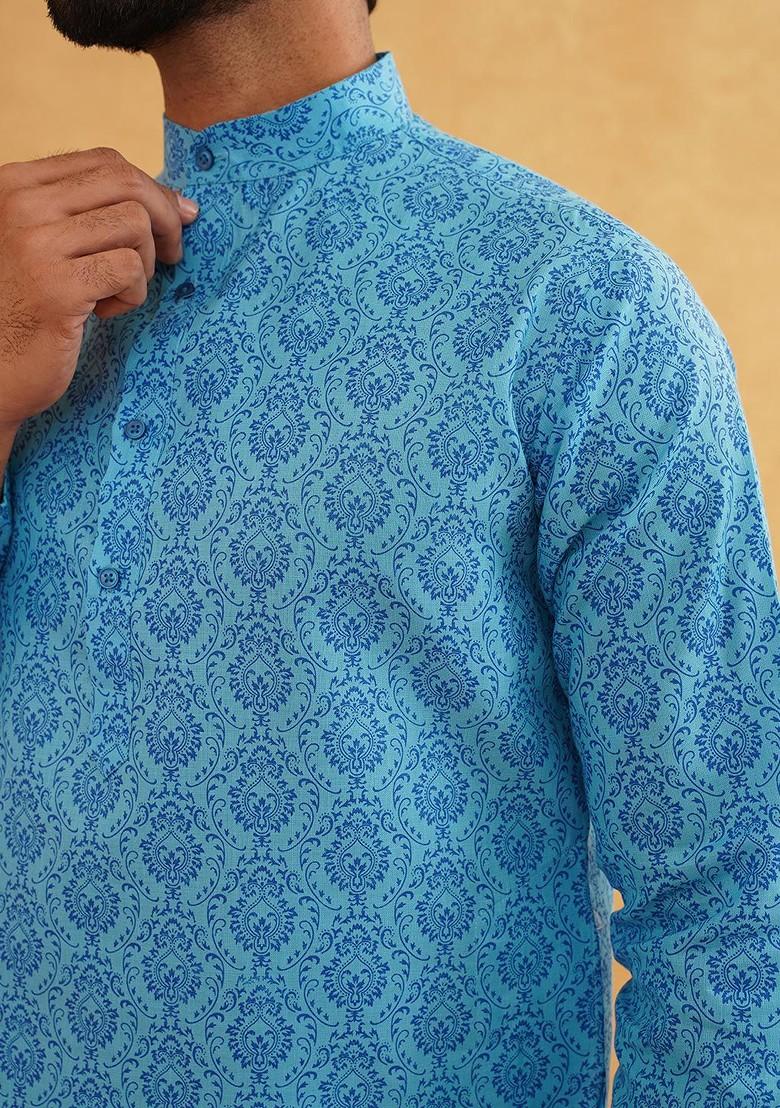 Blue Ethnic Motifs Poly Blend Kurta For Men