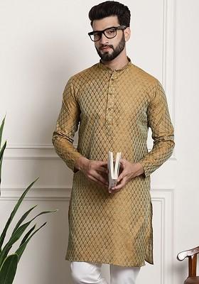 Mustard Ethnic Motifs Poly Blend Kurta For Men