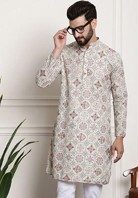 Cream Ethnic Motifs Poly Blend Kurta For Men