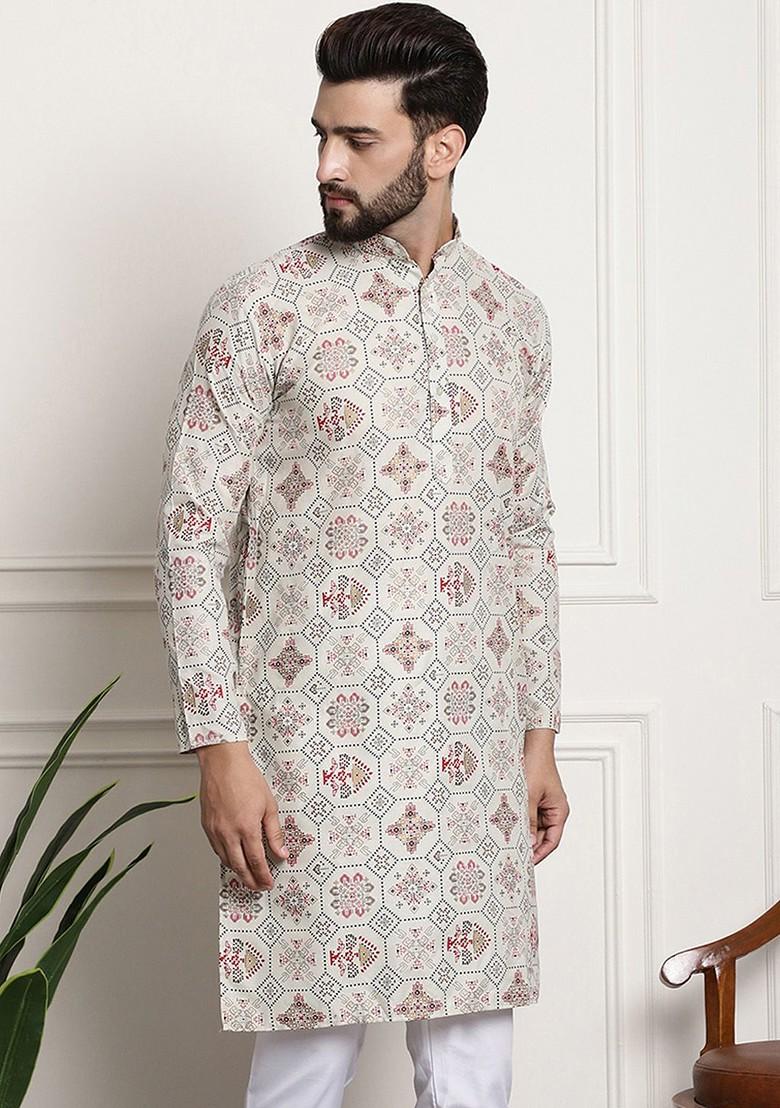 Cream Ethnic Motifs Poly Blend Kurta For Men