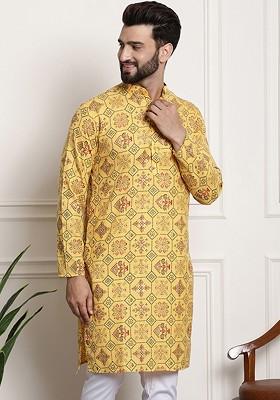 Yellow Ethnic Motifs Poly Blend Kurta For Men