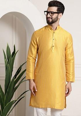 Mustard Striped Poly Blend Kurta For Men