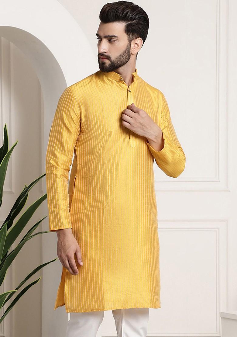 Mustard Striped Poly Blend Kurta For Men