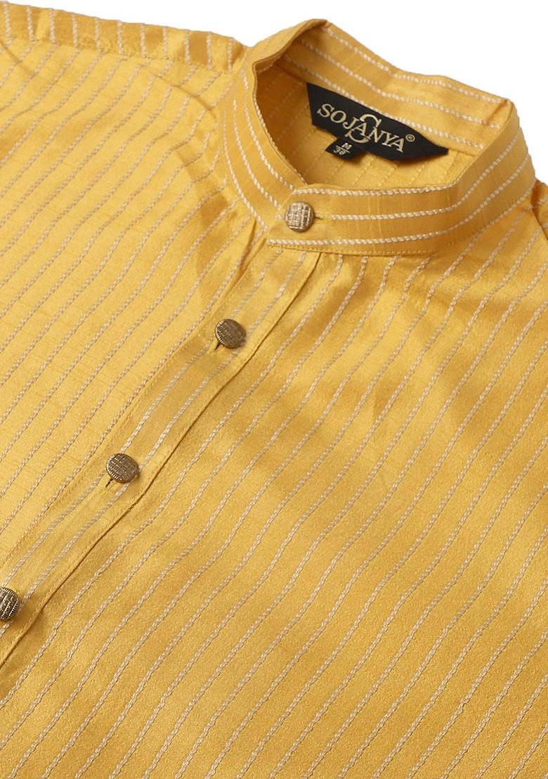 Mustard Striped Poly Blend Kurta For Men