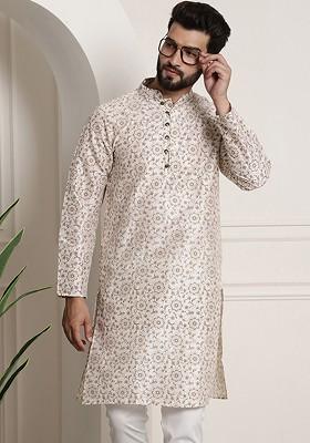 Cream Printed Poly Blend Kurta For Men
