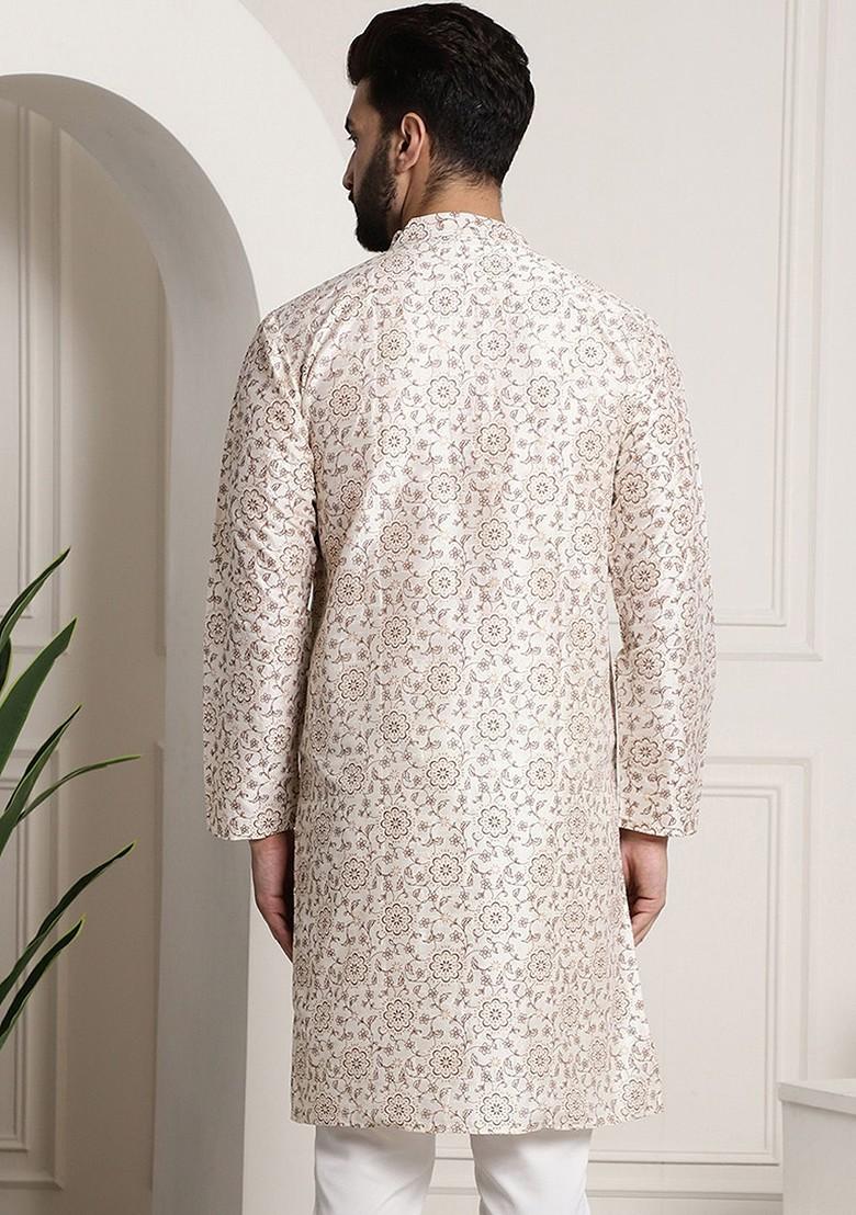 Cream Printed Poly Blend Kurta For Men