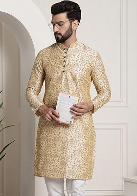 Beige Printed Poly Blend Kurta For Men