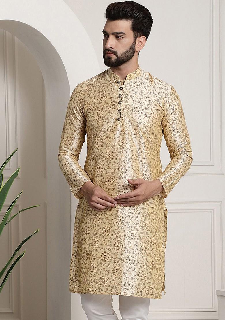 Beige Printed Poly Blend Kurta For Men