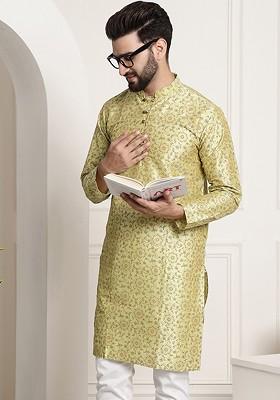 Green Printed Poly Blend Kurta For Men