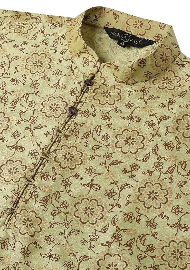 Green Printed Poly Blend Kurta For Men