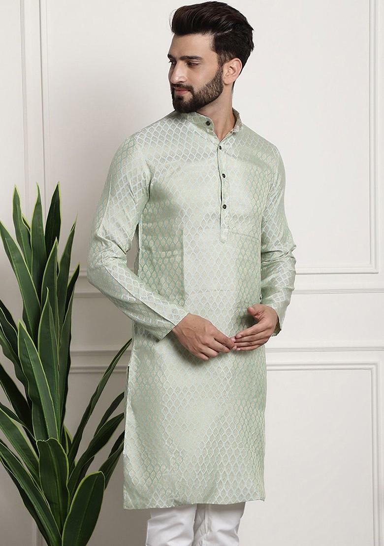 Green Ethnic Motifs Poly Blend Kurta For Men