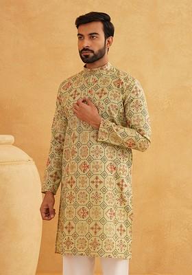 Green Ethnic Motifs Poly Blend Kurta For Men
