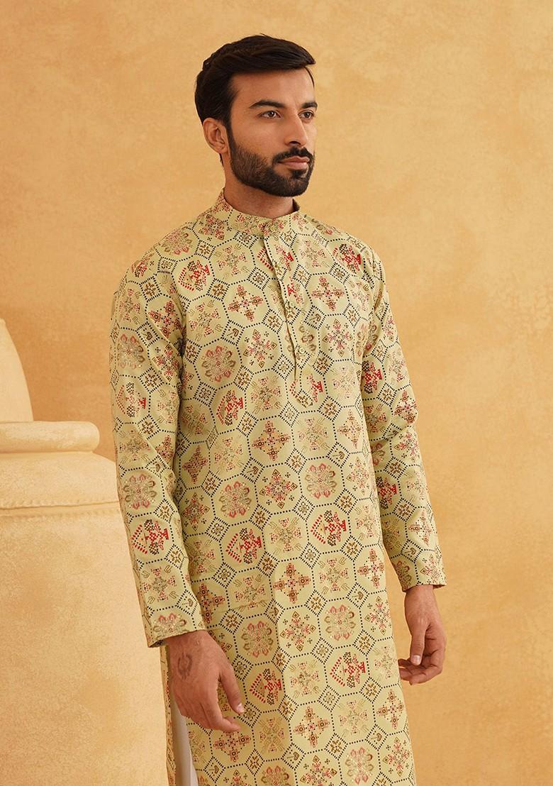 Green Ethnic Motifs Poly Blend Kurta For Men