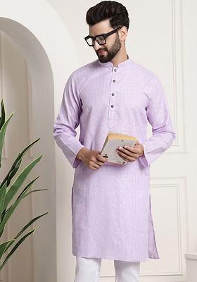 Purple Checked Poly Blend Kurta For Men
