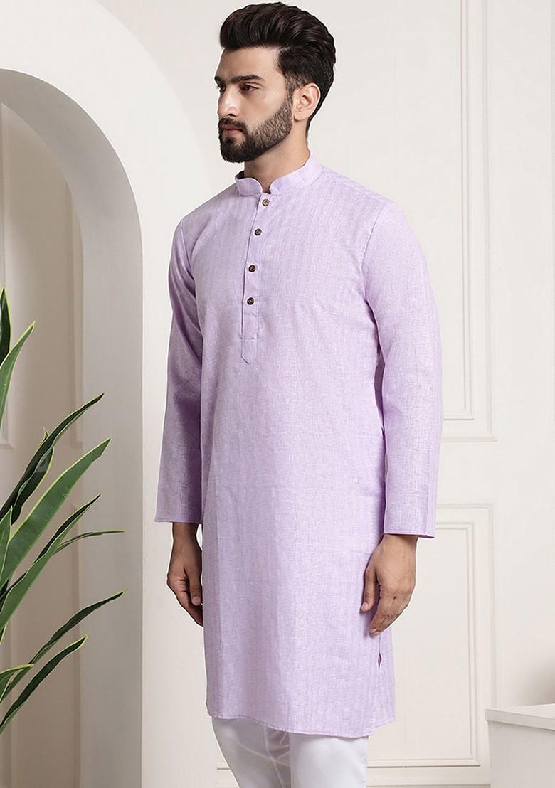Purple Checked Poly Blend Kurta For Men