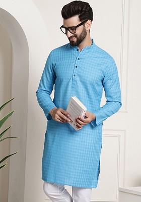 Blue Checked Poly Blend Kurta For Men